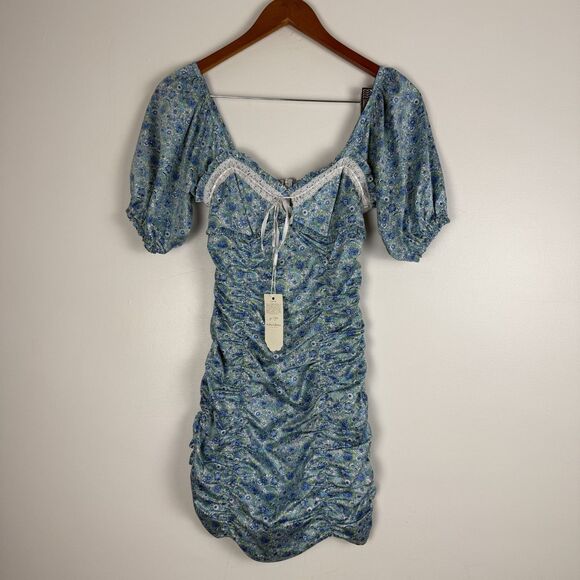 For Love & Lemons Blue Floral Alana Ruched Mini Dress | Bodycon Puff Sleeves - Picture 4 of 11